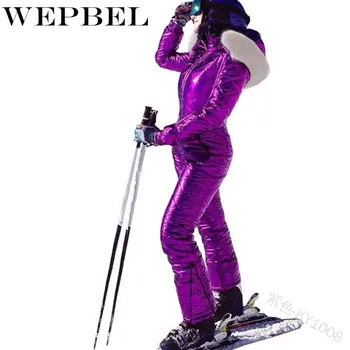 WEPBEL Lauko Jumpsuit Moterų Slidinėjimo Šiltas Jumpsuit Žiemos Atsitiktinis ilgomis Rankovėmis Slim-Fit Užtrauktuką Gobtuvu vientisos Spalvos