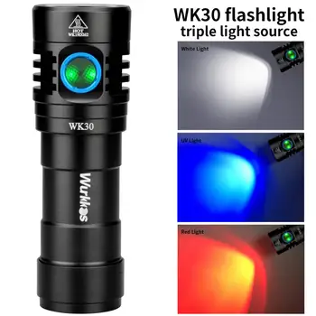 WK30 Kelių Spalvų Įkraunamas LED Žibintuvėlis 26650 LH351D Raudonai Šviesai, UV lempa su Maitinimo Indikatorius