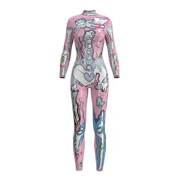 Weman Mergina 2020 Naujas Prekes 3d Kaukolės Kaulų Skeleto Spausdinti Rompers Vakarų Helovinas Kostiumai Damoms Jumpsuit Costplay Bodysuit