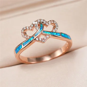 White Blue Fire Opal Dvigubo Širdies Kryžiaus Žiedai Moterims Vintage Mados Sidabro Spalvos Vestuvinis Žiedas Porų Papuošalai