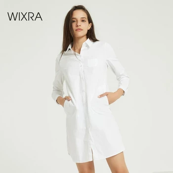 Wixra Moterų Kietas Slim Baltos Medvilnės Palaidinė Elegantiškas Ponios Ilgomis Rankovėmis Kišenės Atsitiktinis Ilgai Marškinėliai Rudenį, Pavasarį Viršūnės
