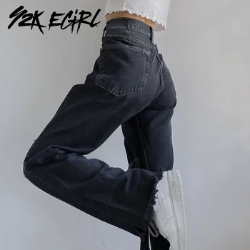 Y2K EGIRL Indie Estetika Aukšto Juosmens Kankina Black Džinsai Vintage Skylės Pločio Kojų Baggy Pants 90-ųjų Mados Tiesiai Džinsinio audinio Kelnės