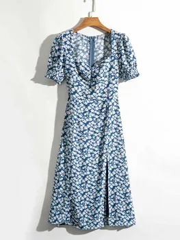 Yinlinhe Mėlyna Gėlių Suknele Moterys Derliaus Ilga Suknelė Vasarai Short Sleeve Ruched Padalinta prancūzų stiliaus Suknelė atostogų komplektus 2029