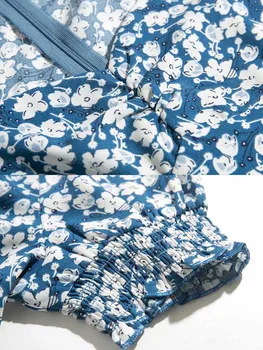Yinlinhe Mėlyna Gėlių Suknele Moterys Derliaus Ilga Suknelė Vasarai Short Sleeve Ruched Padalinta prancūzų stiliaus Suknelė atostogų komplektus 2029