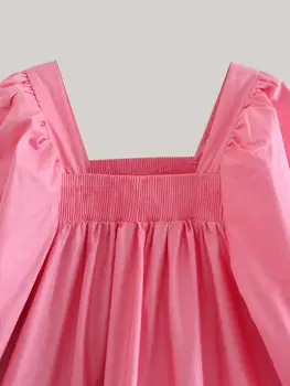 ZEVITY moterų mados aikštė apykaklės sluoksniuotos rankovėmis rožinės spalvos midi suknelė moterų hem klostyti raukiniai atsitiktinis vestido elegantiškos suknelės DS4425