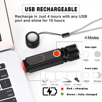 ZHIYU LED Žibintuvėlis Nešiojamų Šviesos 3 Apšvietimo Režimus Lanterna įmontuota Baterija su Uodega USB Įkrovimo Zoomable Vandeniui Žibintuvėlis