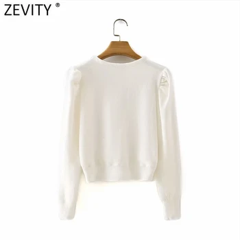 Zevity Naujas 2021 Moterų Pagrindinio Vientisos Spalvos Klostes Sluoksniuotos Rankovėmis Mezgimo Megztinis Femme Prašmatnus Vieną Krūtinėmis Atsitiktinis Megztinis Viršūnes S638