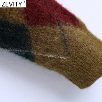 Zevity Naujas Moterų Vintage V Kaklo Geometrinis Modelis Megztinis Mezgimo Megztinis Ponios Prašmatnus Vieną Krūtinėmis Atsitiktinis Retro Viršūnes S498