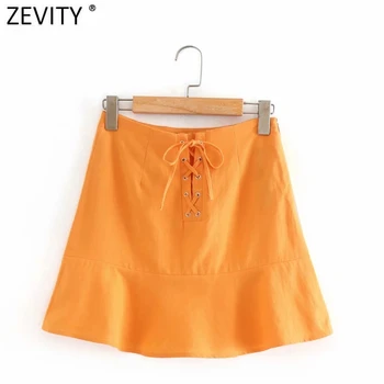 Zevity Naujas Moterų vientisos spalvos tvarsčiu lino linija sijonas faldas mujer ponios pusėje užtrauktukas vestidos atsitiktinis chic mini sijonai QUN665