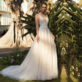 Šampanas Vestuvių Suknelės 2020 V-Kaklo Appliques Tiulio Nėrinių Backless Derliaus Boho Vestuvinės Suknelės vestidos de novia 2021