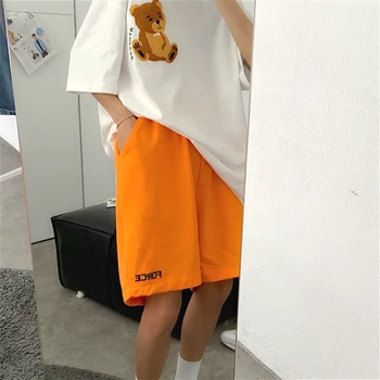 Šortai Pora Harajuku Laišką Siuvinėjimo Vasaros Elegantiškos Moterys Streetwear Visas rungtynes, Negabaritinių Pagrindinių Oranžinės Treniruotės Moteriški Drabužiai