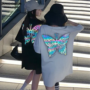 Šviesą atspindinčios drugelis viršuje t marškinėliai moterims 2020 metų vasaros mados streetwear prarasti juoda balta ilgai tshirts medvilnės
