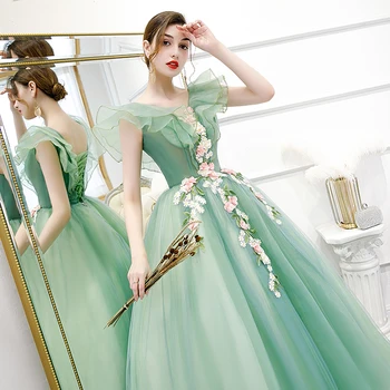 Žalia Quinceanera Suknelės 2020 Kamuolys Suknelė Ilgai Grindų Ilgis V Kaklo Nėrinių Aplikacijos Gėlių saldus 15 suknelės vestidos de anos 15