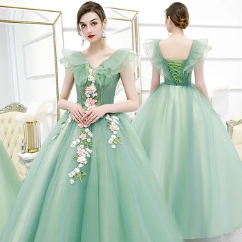 Žalia Quinceanera Suknelės 2020 Kamuolys Suknelė Ilgai Grindų Ilgis V Kaklo Nėrinių Aplikacijos Gėlių saldus 15 suknelės vestidos de anos 15