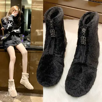 Žiemos 2020 moterų batai dirbtiniais trumpas pliušinis sniego batai plokščiadugnis Mink Batai Moterų Žiemos Mink Plaukų pliušinis viršutinis medvilnės batai