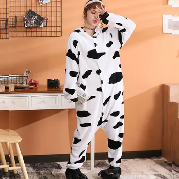 Žiemos kigurumi moteris karvė onesie flanelė animacinių filmų gyvūnų vientisas seksualus naktiniai marškiniai, pižamos vyras ilgomis rankovėmis namuose keletą vaidmenų cosplay